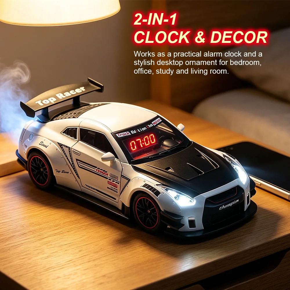 1PCS Car Alarm Clock, Rechargeable Battery Hyper Car Clock with Engine Sound, LED Flashing Light & Mist Spray