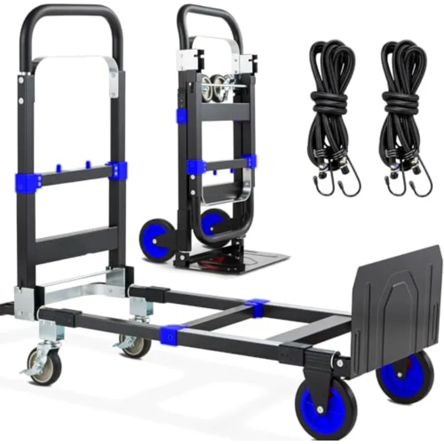 

3-in-1 Folding Hand Trucks 600Lbs Heavy Duty Convertible Dolly with Retractable Handle and 4 Rubber Wheels Collapsible Cart for