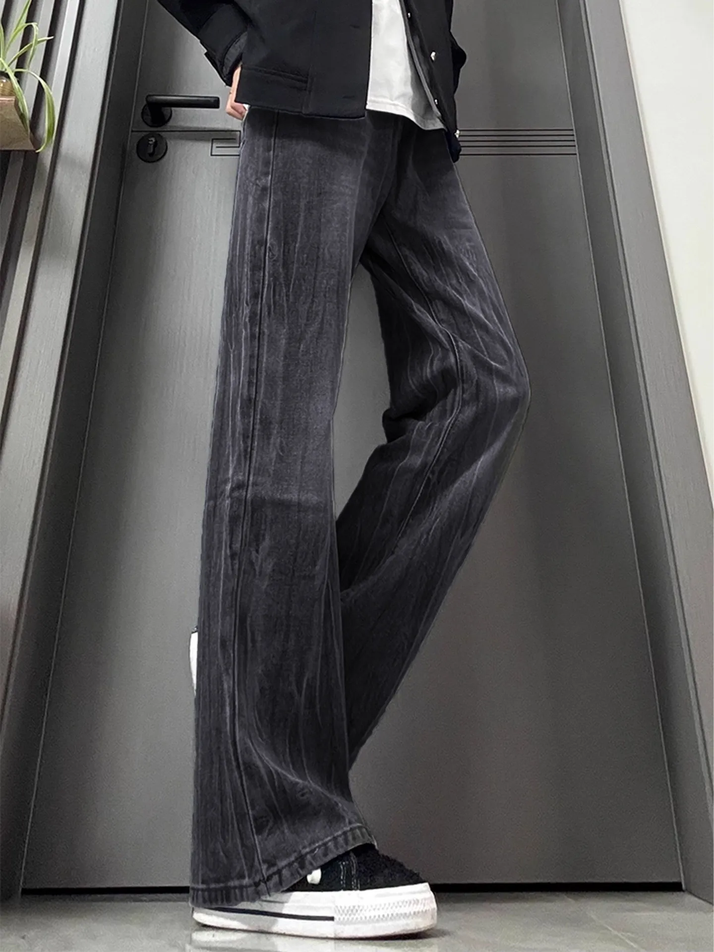 Retro American Lightning Bamboo Fiber Denim Jeans Men's Spring New Bell Bottoms Leg Lengthening Straight Workwear Trousers