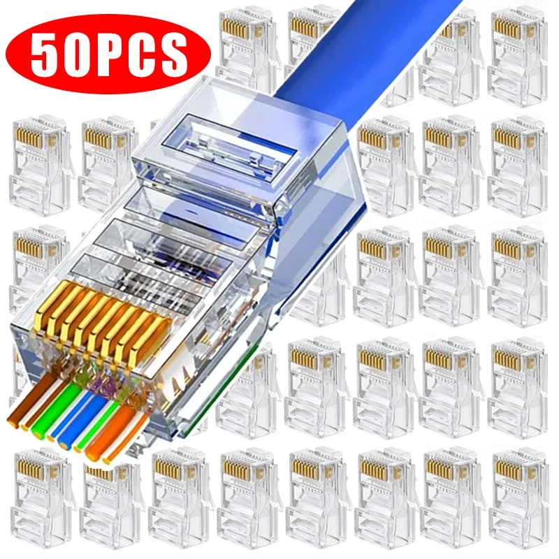 50/10/1 pces rj45 cat6 cat5e passagem através dos conectores cristal final banhado a ouro 8p8c crimp utp padrão rede ethernet plugue modular