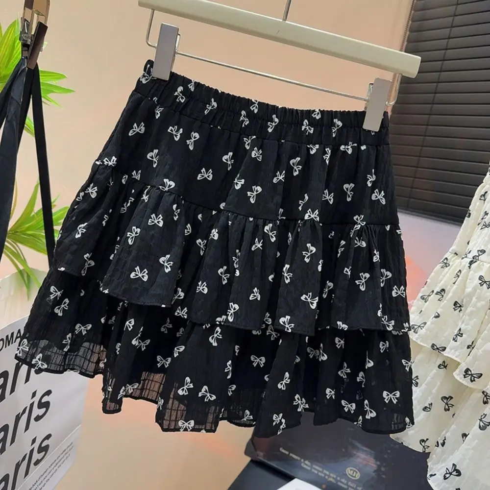 

Cute Floral Chiffon Skirt Pleated Elastic Waistband Mini Skirt Bowknot Tiered Skirt For Women Girl