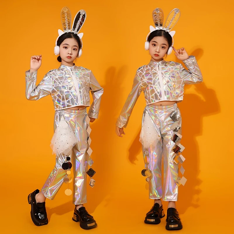 สีเงินชุดเต้นรําแจ๊สชุดหุ่นยนต์อวกาศ Cool เด็ก Street Dance เสื้อผ้าแฟชั่นแสดงรันเวย์เครื่องแต่งกาย VDL234