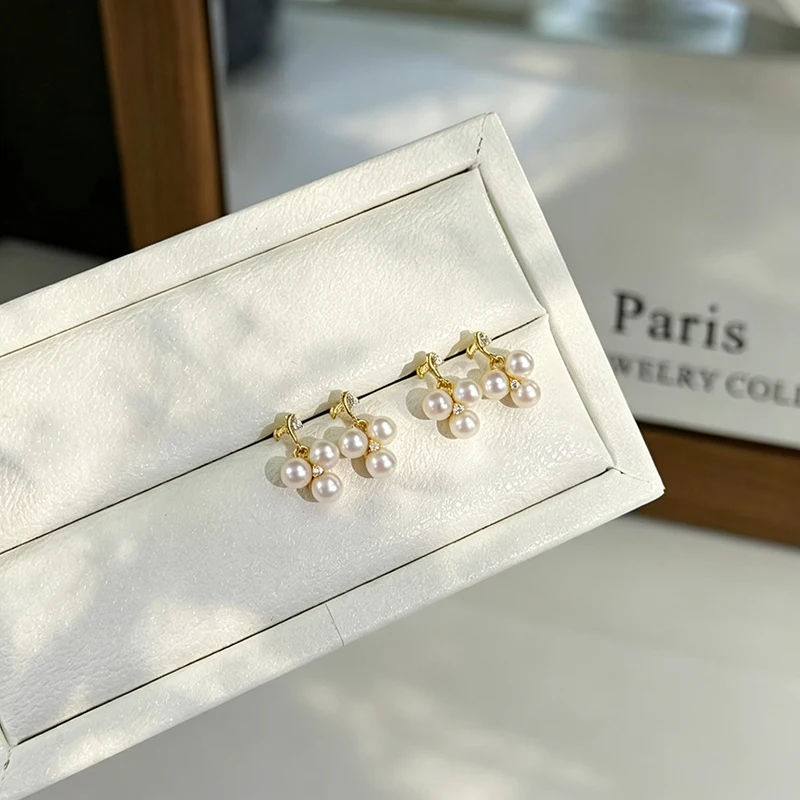 Natural Freshwater Pearl Grape Earrings With Sweet And Niche Design Earrings 3-4mm Gold Color Accessories For Women