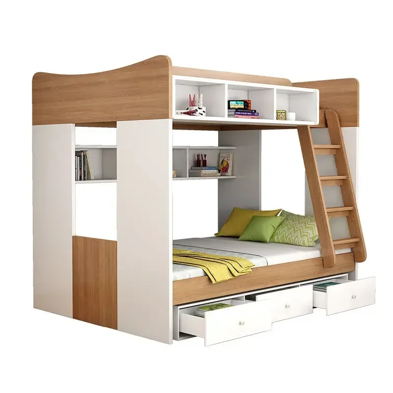 #Mixed Color MDF Pine Solid Wood Convertible Multifunction Children Wooden Kids Bunk Bed With Ladder and Drawer