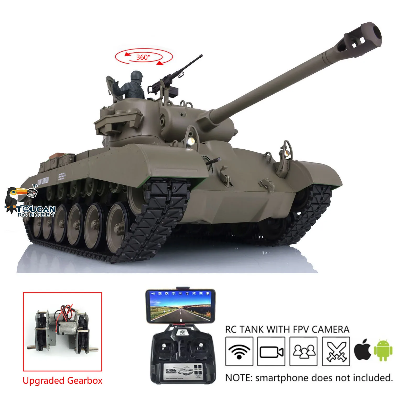 Henglong FPV 1/16 M26 RTR Radio Contol Tank 3838 With 360°Turret Rotation Upgrade Parts Gearbox Barrel Recoil 7.0 Version