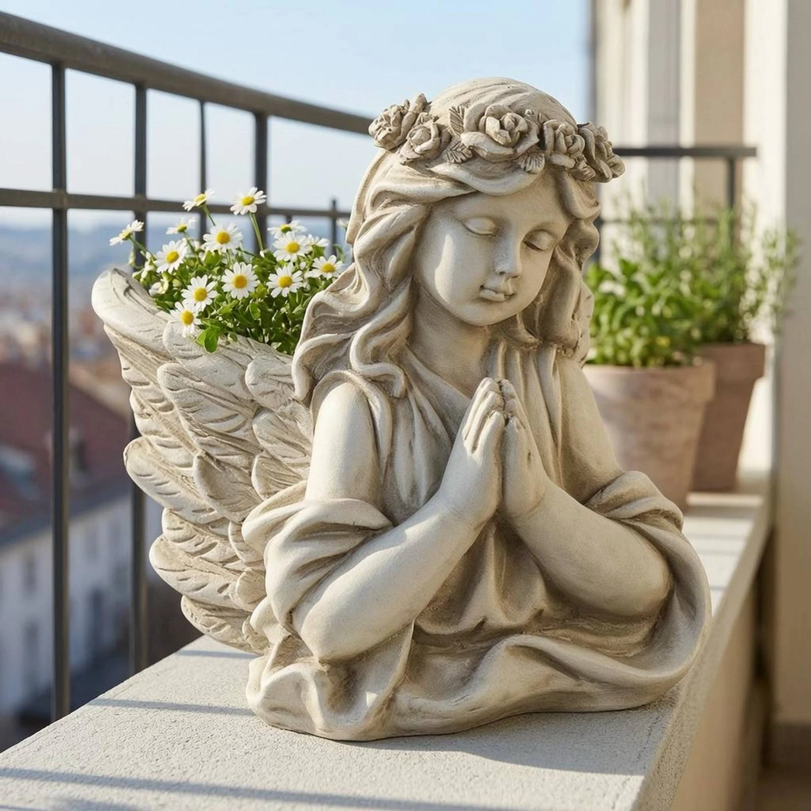Ornate Angel Figurine Planter Antique Antique Cream Angel Statue Outdoor Decor Angelic for Balcony
