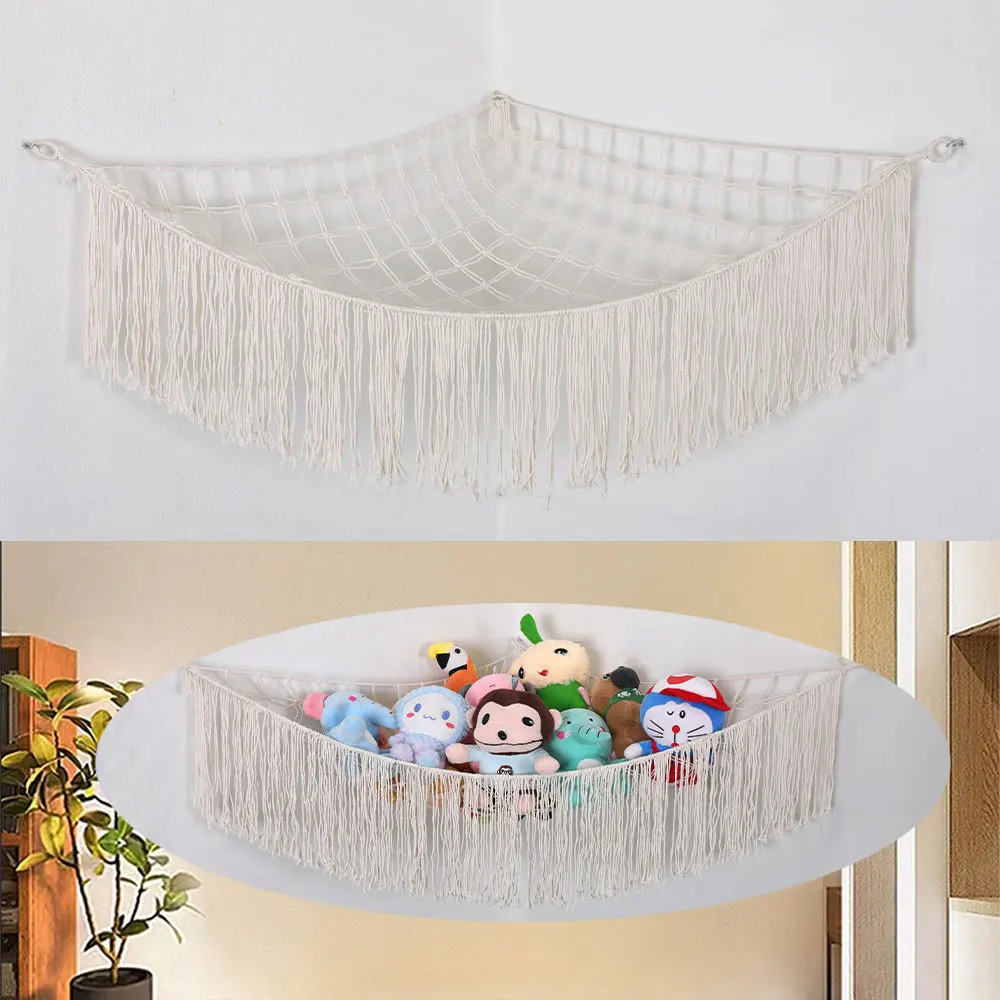 Hand-woven Colorful Ribbon Triangle Plush Toy Storage Corner Net Cartoon Doll Decorative Cotton Rope Net Pocket