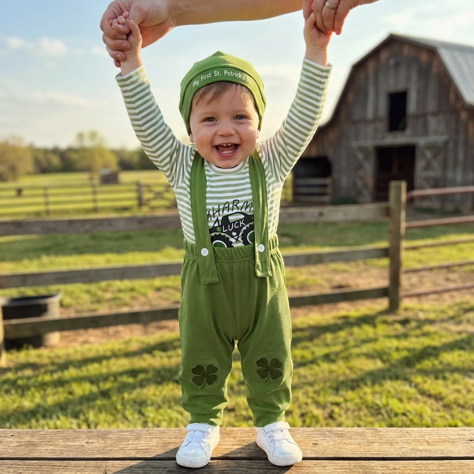 

FOCUSNORM 0-12M Newborn Baby Boys Irish Festival Clothes Sets Letter Shamrock Print Long Sleeve Jumpsuit Overalls and Hat Set