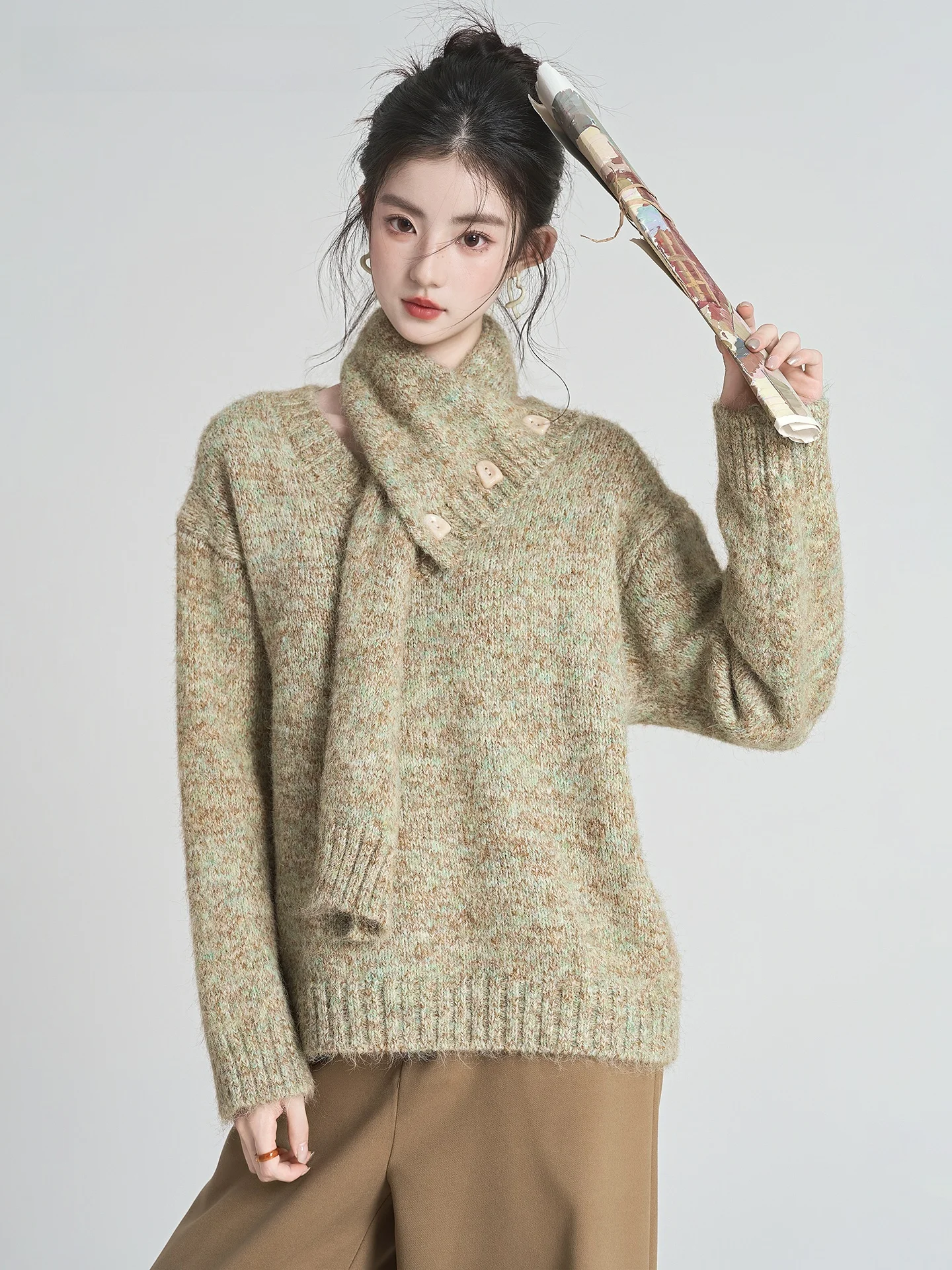 ラシャペル-レイジースタイル-スカーフネック-vネック-プルオーバー-ニットセーター-レディース-冬-ソフトで心地良いセーター-通勤スタイル-スリムフィット-長袖