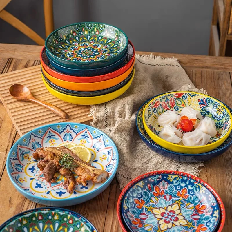 7/8inch Bohemian Ceramic Underglaze Colour Plate High Appearance Level Home Creative Dish Plate Fruit Steak Round Plate