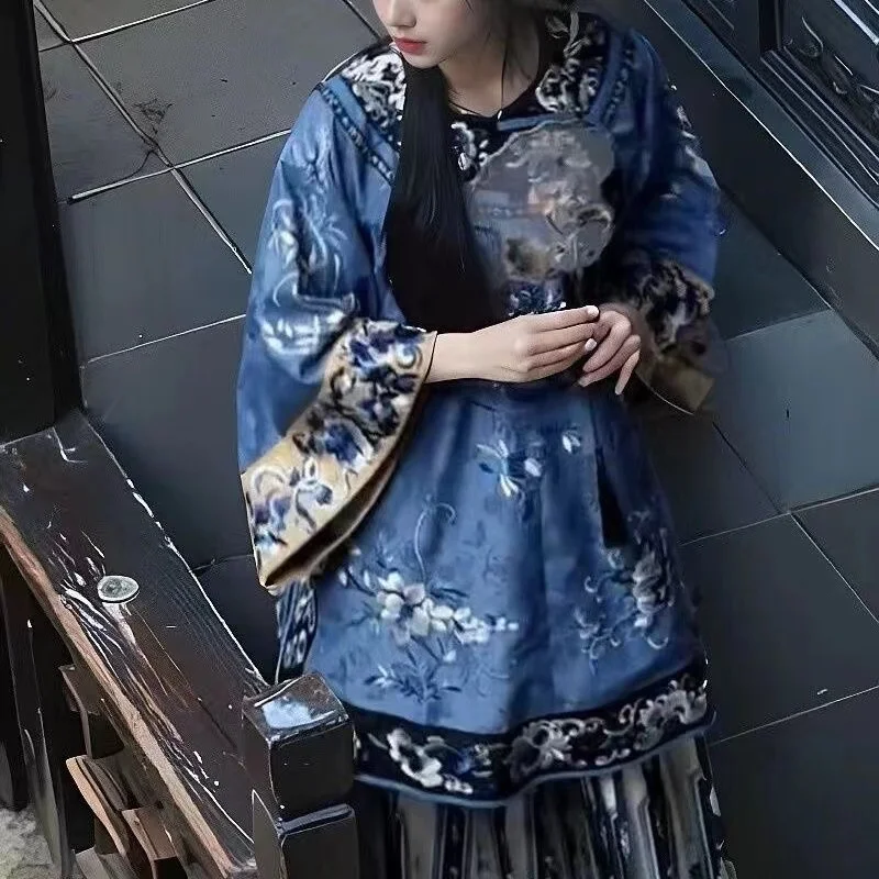 Geç Qing Hanedanı GEGE Qi Kostüm Kadınlar Geleneksel Mavi Çiçek Baskı Hanfu Niş Vintage Saray Tarzı Cosplay Giyim