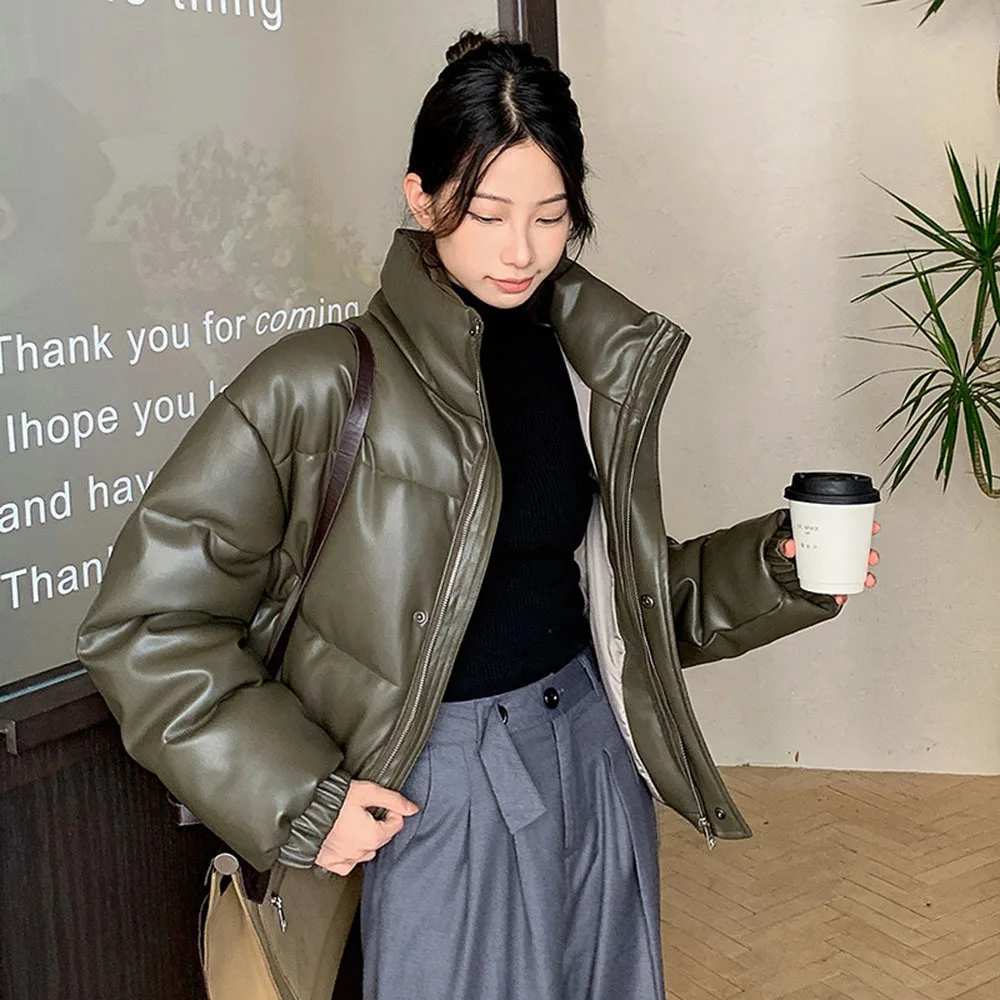 Women's Winter Thicken PU Leather Cotton Coats Women Loose Puffer Jacket Long Sleeve Down Coat Lady Parka Cotton-padded Outwears