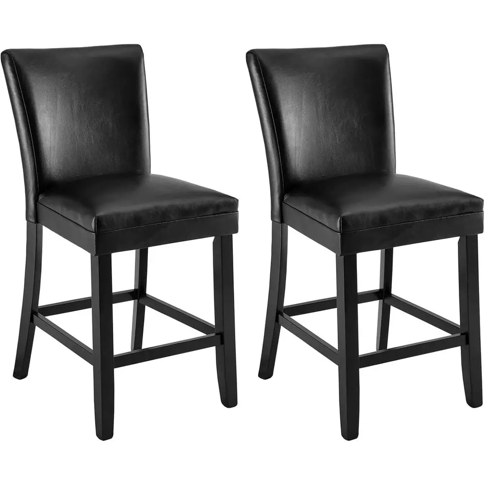 

Set of 2 Black Leather Upholstered Solid Wood Counter Height Bar Stools, 25.6 Seat Height