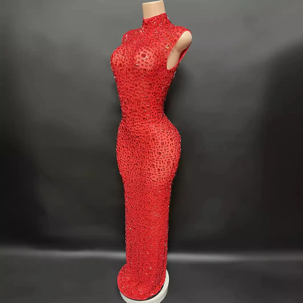 Red Temperament Full Diamond High-End Hip Wrap Sexy Rear Split Slim Sleeveless Long Host Stage Dress Crystal Embellished Dresses