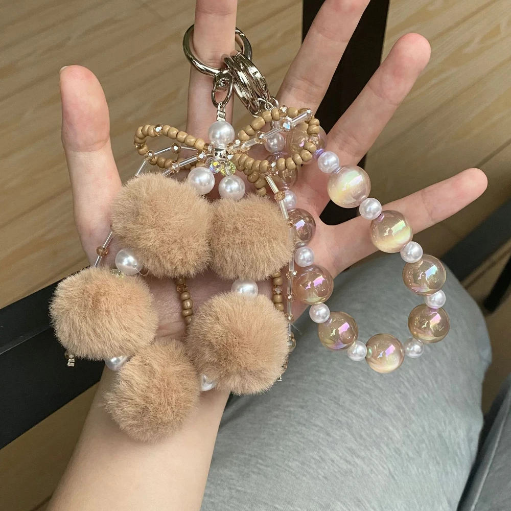 

Creative Fashion Bowknot Plush Beaded Double-layer Pendant Chain for Mobile Phone, Bag and Keychain
