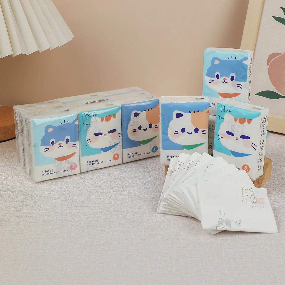 9pcs/pack Fashionable Lucky Cat Handkerchief Paper Student Portable Small Pack Cartoon Printed Hand Tissue For Daily Cleaning