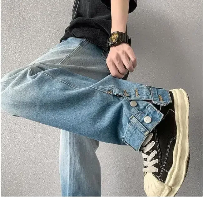 Męskie dżinsy z szeroką nogawką i wysokim stanem Harajuku Hip Hop Baggy Jeans Proste spodnie rozkloszowane Mężczyźni Cargo Goth Denim Pants