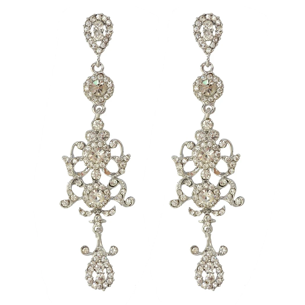 Luxury Rhinestone Crystal Flower Chandelier Peacock Long Drop Earrings for Women Bride Wedding Banquet Femme Jewelry Accessories