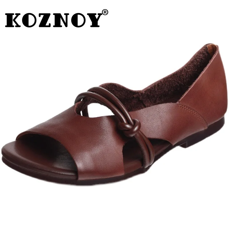 Koznoy 1.5cm bydlęca prawdziwa skóra Peep Toe wygodne damskie modne sandały oxfordy damskie klapki na lato mokasyny wsuwane buty