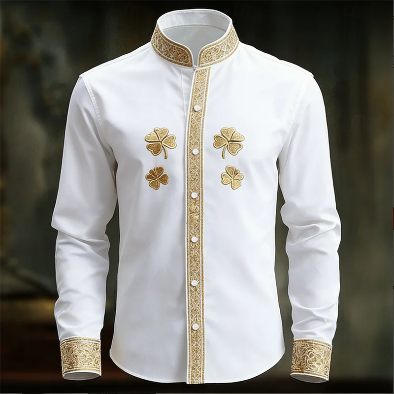 

New Men's Floral Long Sleeved Shirt with Gold 3D Clover Print, Fashionable and Luxurious Long Sleeved Shirt Top Shirts for Men