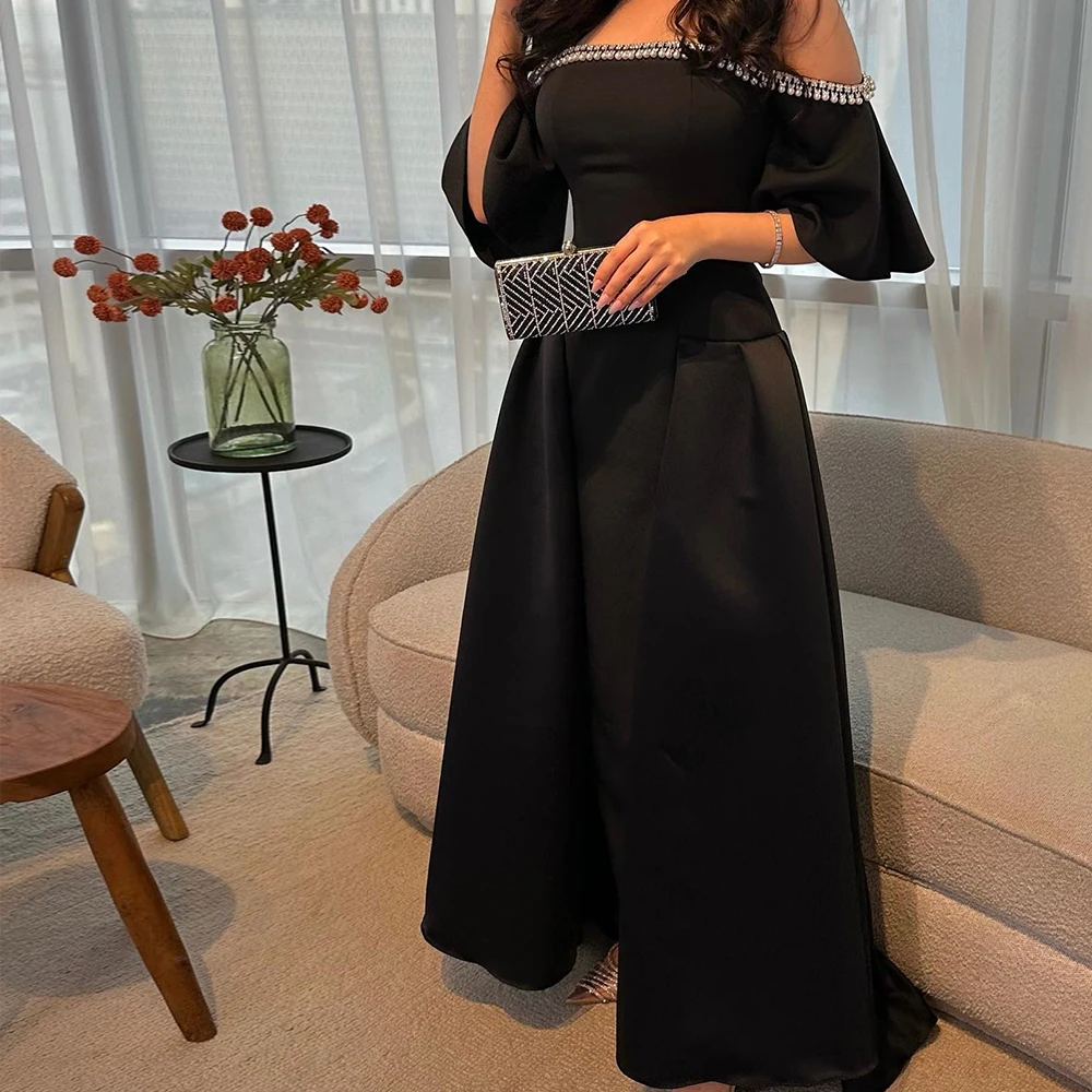 

Black Satin A-Line Off the Shoulder Pearls Elegant Evening Dress Classic Sweep Train Strapless Pleats Sleeveless Floor Length