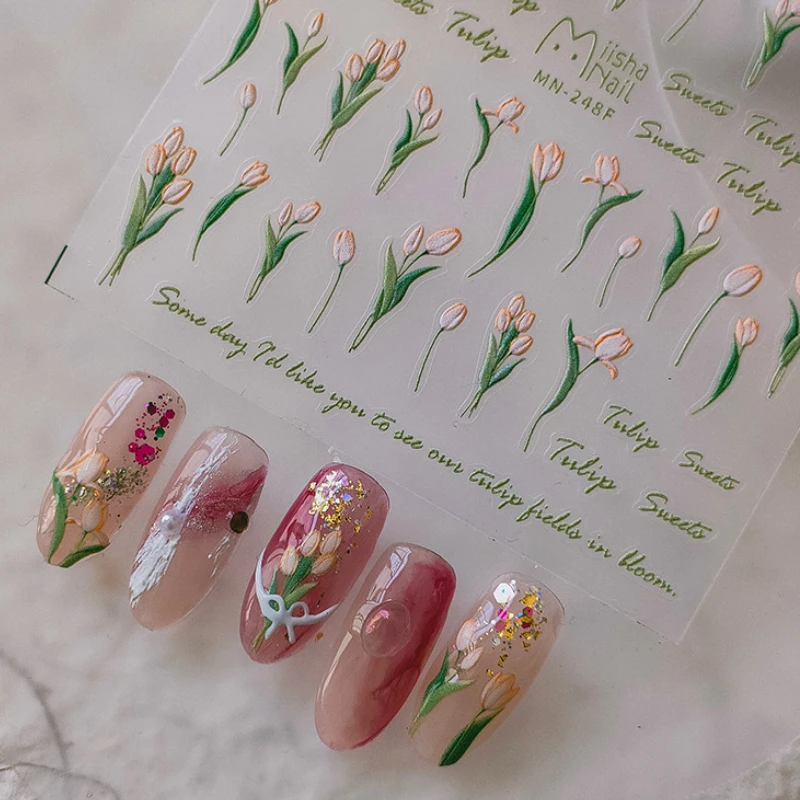 Blooming Tulips 5D Soft Embossed Reliefs Self Adhesive Nail Art Decorations Stickers Lovely Flowers 3D Manicure Decals Wholesale