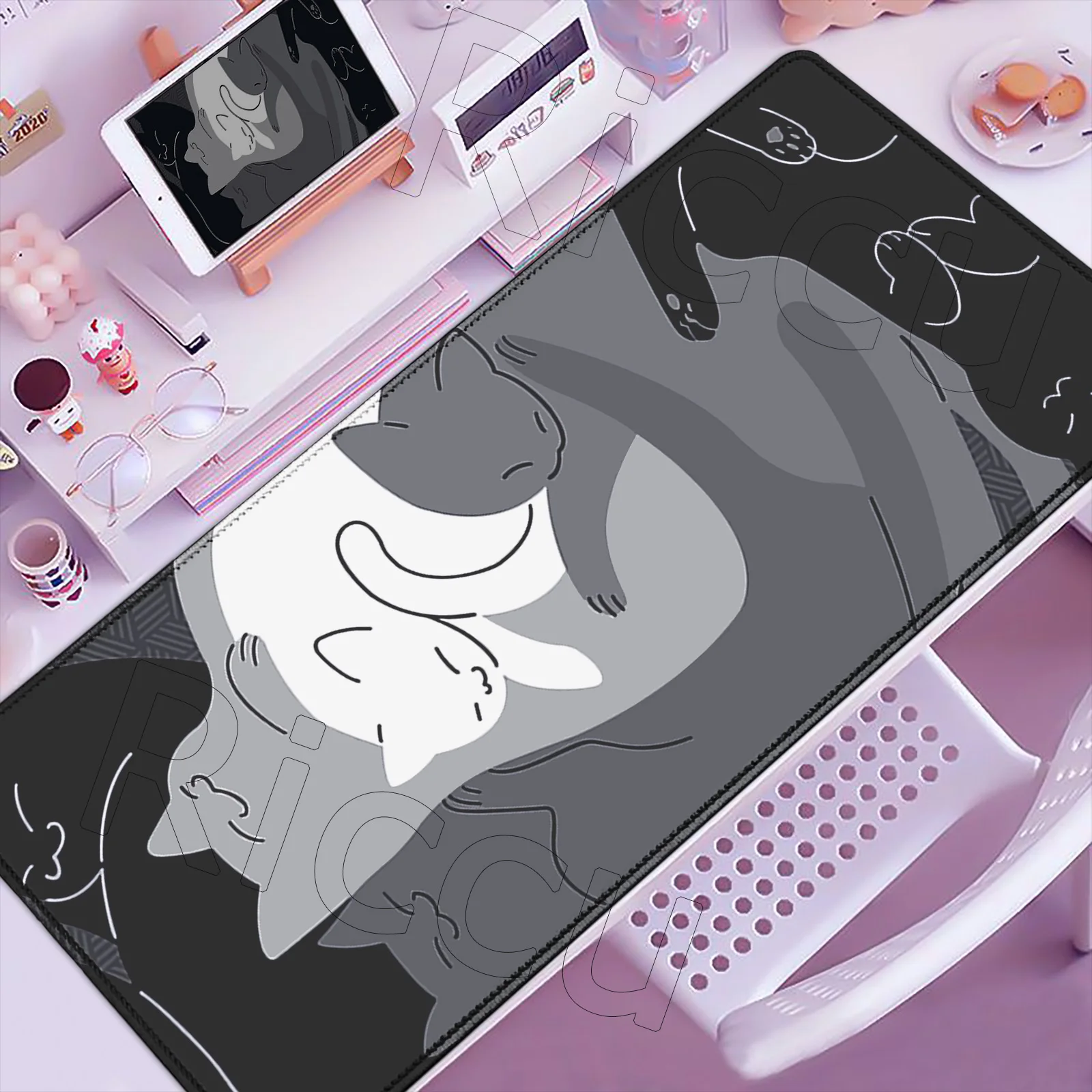 Tapete de mouse grande para escritório, xxl, gato fofo, 900x400mm, kawaii, acessórios de mesa de computador, mousepad grande, almofadas de borracha para gamer