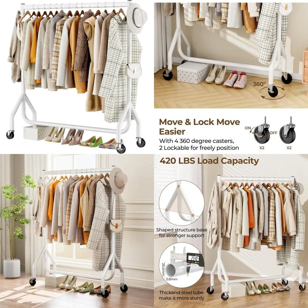 

Portable Heavy-Duty Metal Clothes Rack, 48 White, Holds 420 lbs, with Wheels for Hanging Garments