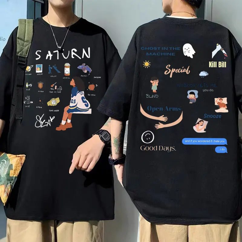 

Rapper SZA Saturn Double Sided Print Tshirt Men Women Hip Hop Fashion Oversized T-shirt Male Casual Cotton Tee Unisex Streetwear