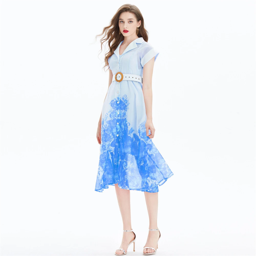 감성적인 실크 기질 작업복, 프린트 허리띠 원피스 롱 스커트