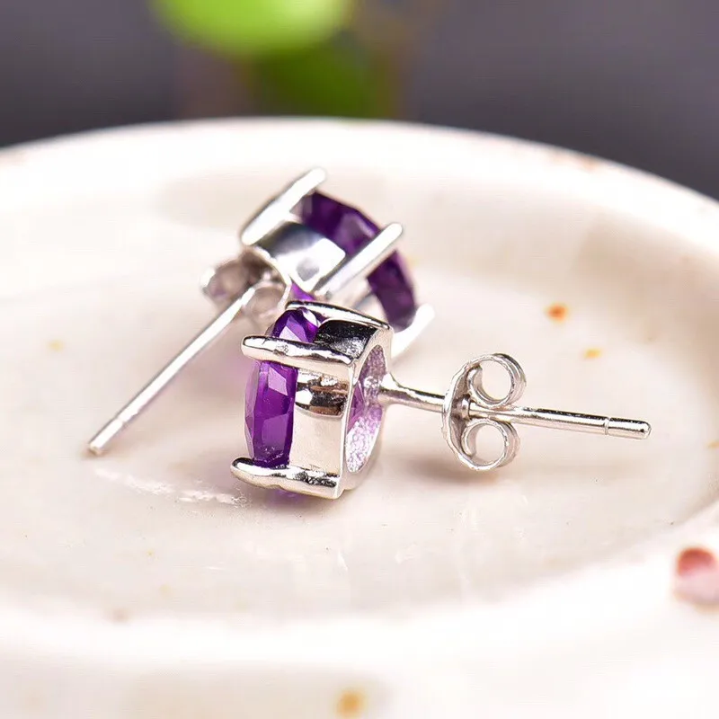 1 Pair Fengbaowu Natural Amethyst Earring Ear Stud Round Oval Faceted 925 Sterling Silver Reiki Healing Stone Jewelry Gift