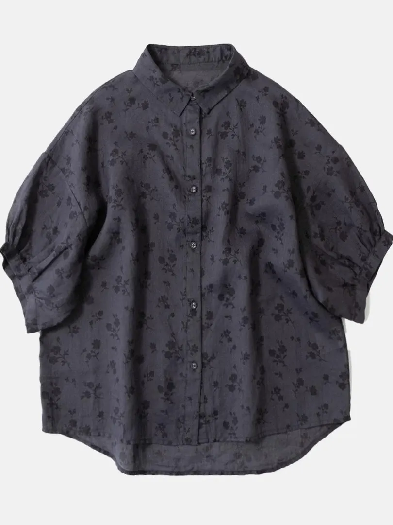 

Retro Print Linen Cotton Casual ort Sve Women's irt Summer Faionable Loose Fit Batwing Top Commute Sle Button Detail