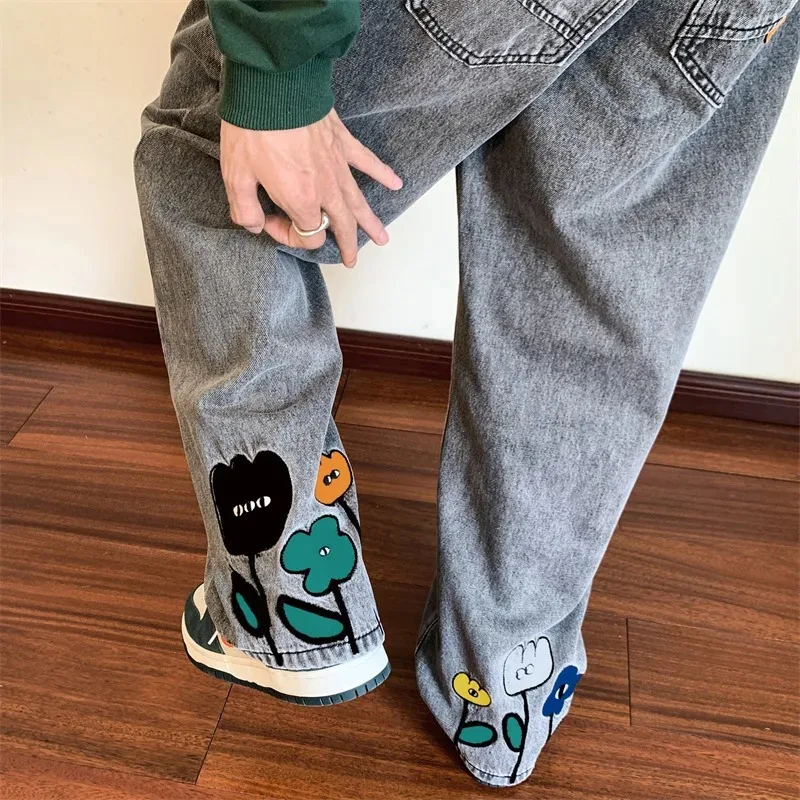 

New Flower Printed Jeans2025 Vintage Straight Trousers Streetwear American Casual Denim Wide-leg Pants Jeans Jeans Masculina