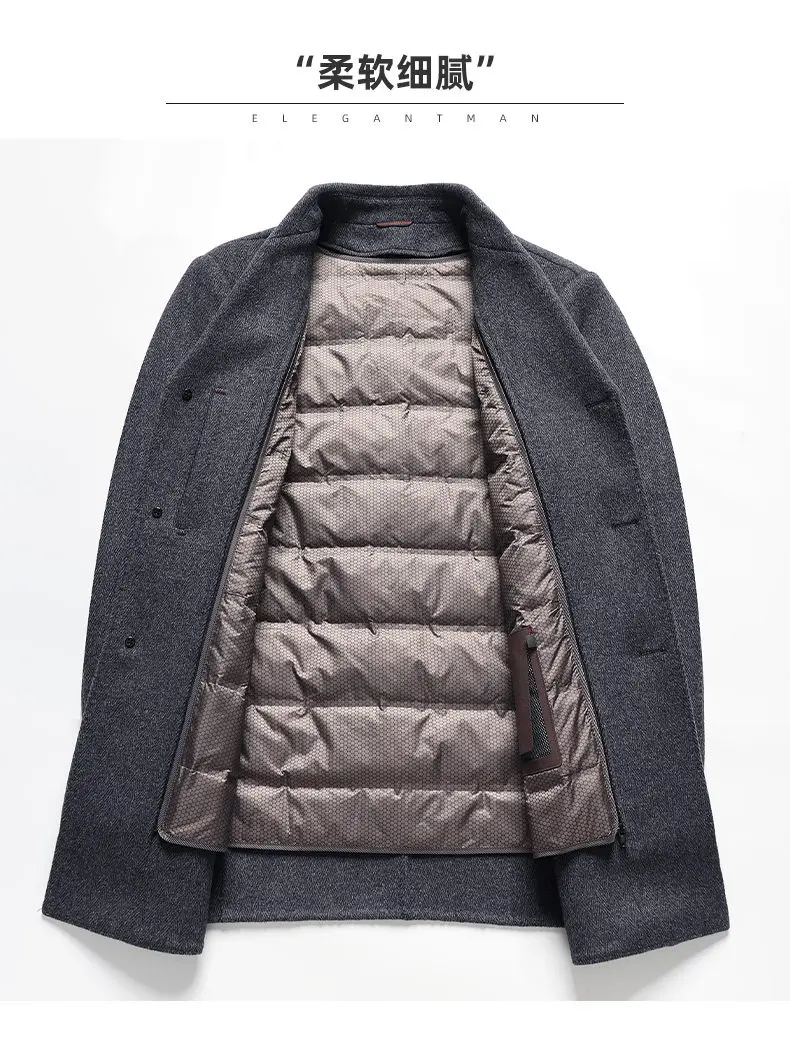 Klassischer Daunen-Wollmantel für Herren, Business-Casual Woll-Windbreaker, Pufferjacke, Dicke Warme Oberbekleidung, Wintermantel – Detail 6