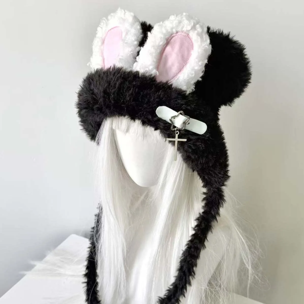 Mulheres harajuku gótico lolita pelúcia coelho orelha gorro chapéu japonês y2k menina fivela cruz urso orelha boné inverno quente chapéu de malha