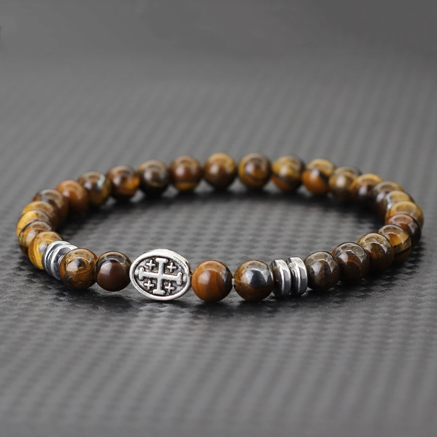 8 Styles Men Cross Bracelet 6mm Natural Lava Turquoise Tiger Eyes Stone Braslet Holy Mother Symbol Viking Beaded Braclet Pulsera