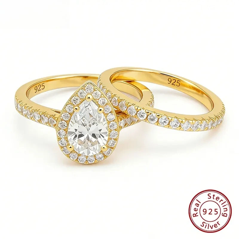 

Комплект из 2 обручальных колец из стерлингового серебра 925 пробы с позолотой, 3 карата, фианиты, грушевидная огранка, в форме капли, для женщин