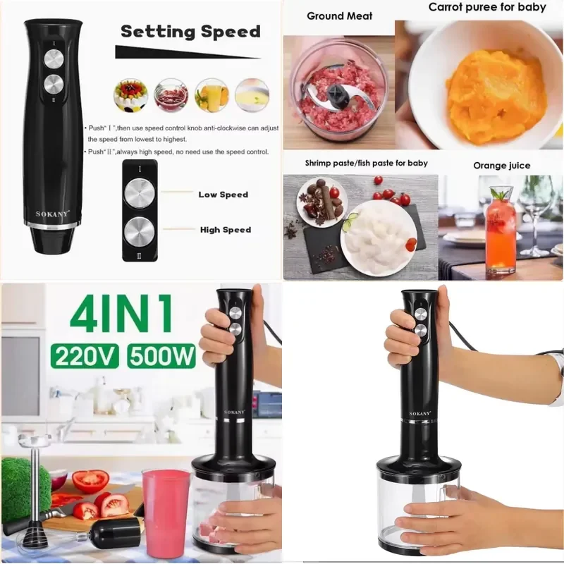 Hand Immersion Blender 500W 4-in-1 Stainless Steel Stick Food Mixer 700ml Mixing Beake 500ml Processor Whisk