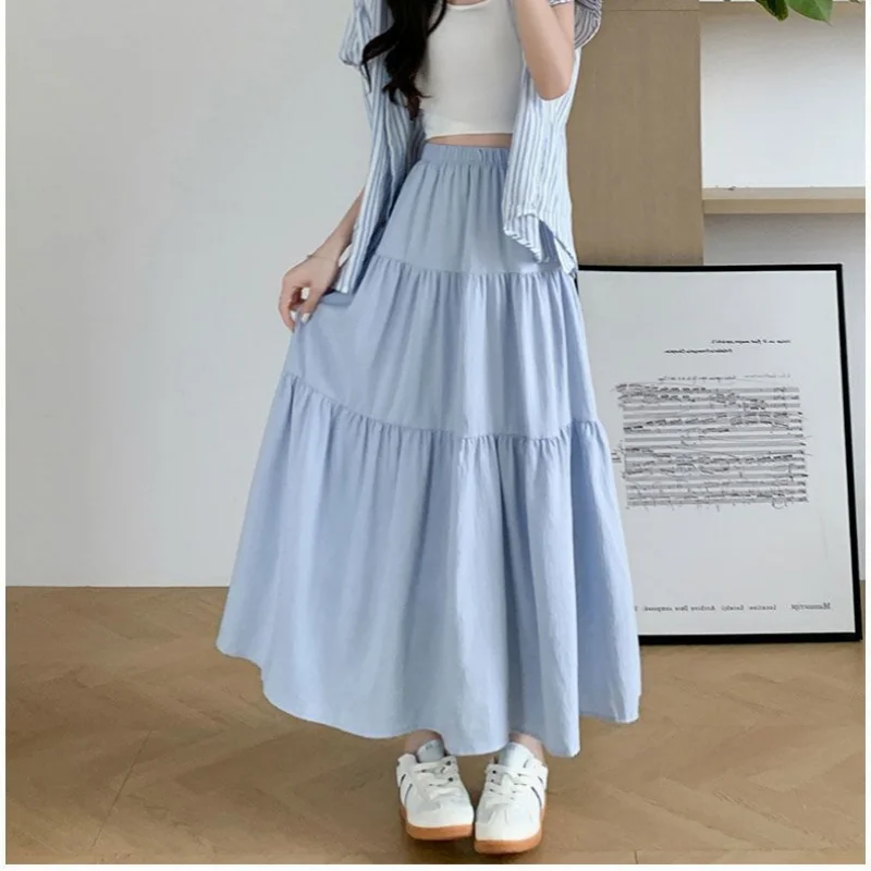 أنيقة الصلبة ألف خط كعكة التنانير الطويلة أزياء المرأة خمر عالية الخصر مطاطا الربيع فساتين مكتب سيدة تخفيف تنورة أنيقة