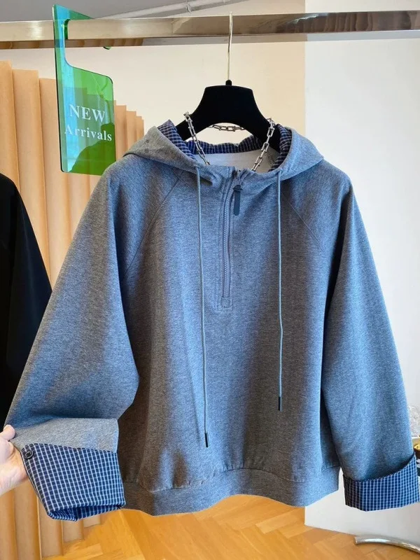 

Толстовка большого размера с капюшоном, модная, осенне-зимняя, с молнией, имитация двухслойности, трендовая уличная одежда, защита от холода