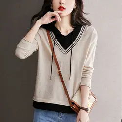 2024 New Autumn/Winter Retro Fresh Casual Knitted Shirt Long Sleeve Hooded Fake Two Piece Contrast Splicing Women's T-shirt Top