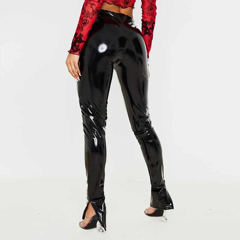 Women High Waist Slim Faux Leather Hems Side Split Trousers Ladies Stretch Patent Leather Bodycon Pencil Pants Support Custom