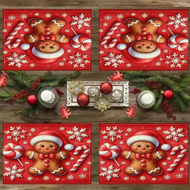 Christmas Deer Snowflake Linen Placemats, Red Background Printed Table Mats, Xmas Holiday Dining Decor