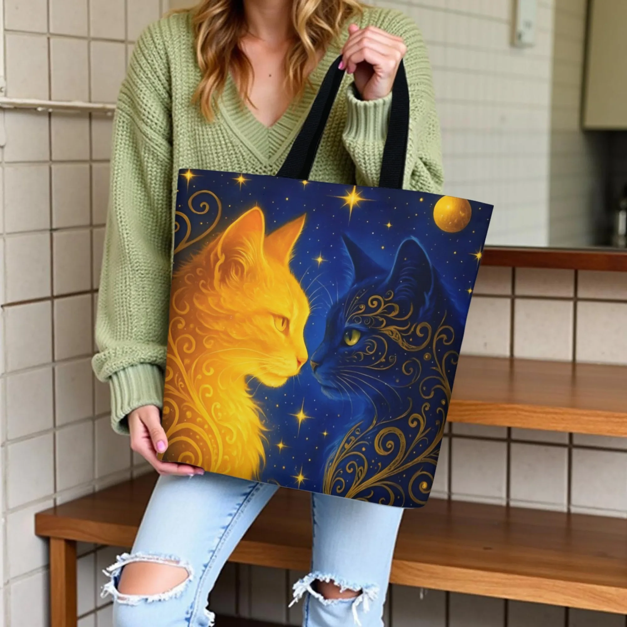 Fantasy Starry Sky Yellow Blue Gold Striped Cat Women's Canvas Tote Bag Durable Eco Canvas Cute Healing Pet Style Shopping Bag