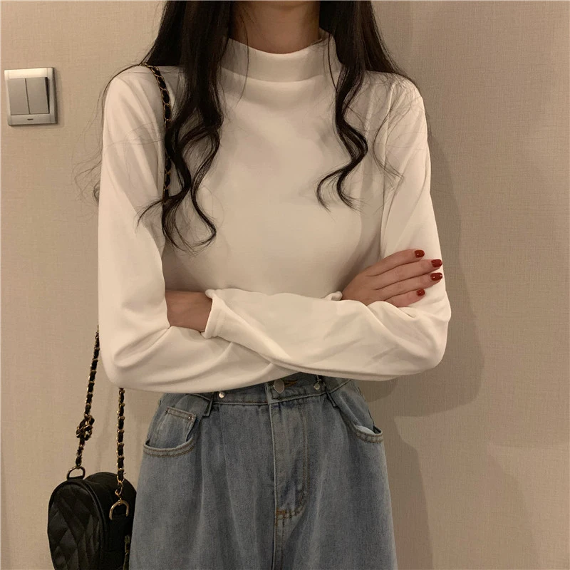 سليم صالح طويل Sve عالية Ne تي شيرت المرأة رقيقة Sle 2023 الخريف الشتاء جديد بسيط لون نقي قاعدة irt فام #1