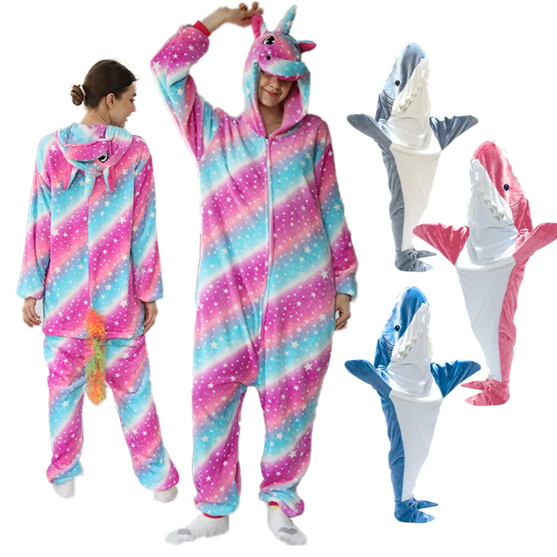 Piyama hewan wanita, Jumpsuit Onesie Kigurumi setelan Unicorn bodysuit hiu dewasa flanel pakaian tidur seluruh tubuh musim dingin