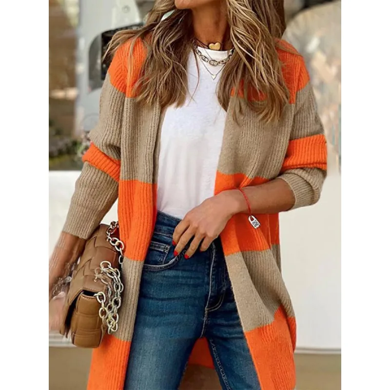 جديد الخريف والشتاء التباين اللون مخطط سترة المرأة عادية منتصف طول خارج الكتف سترة مشغولة من الصوف #4