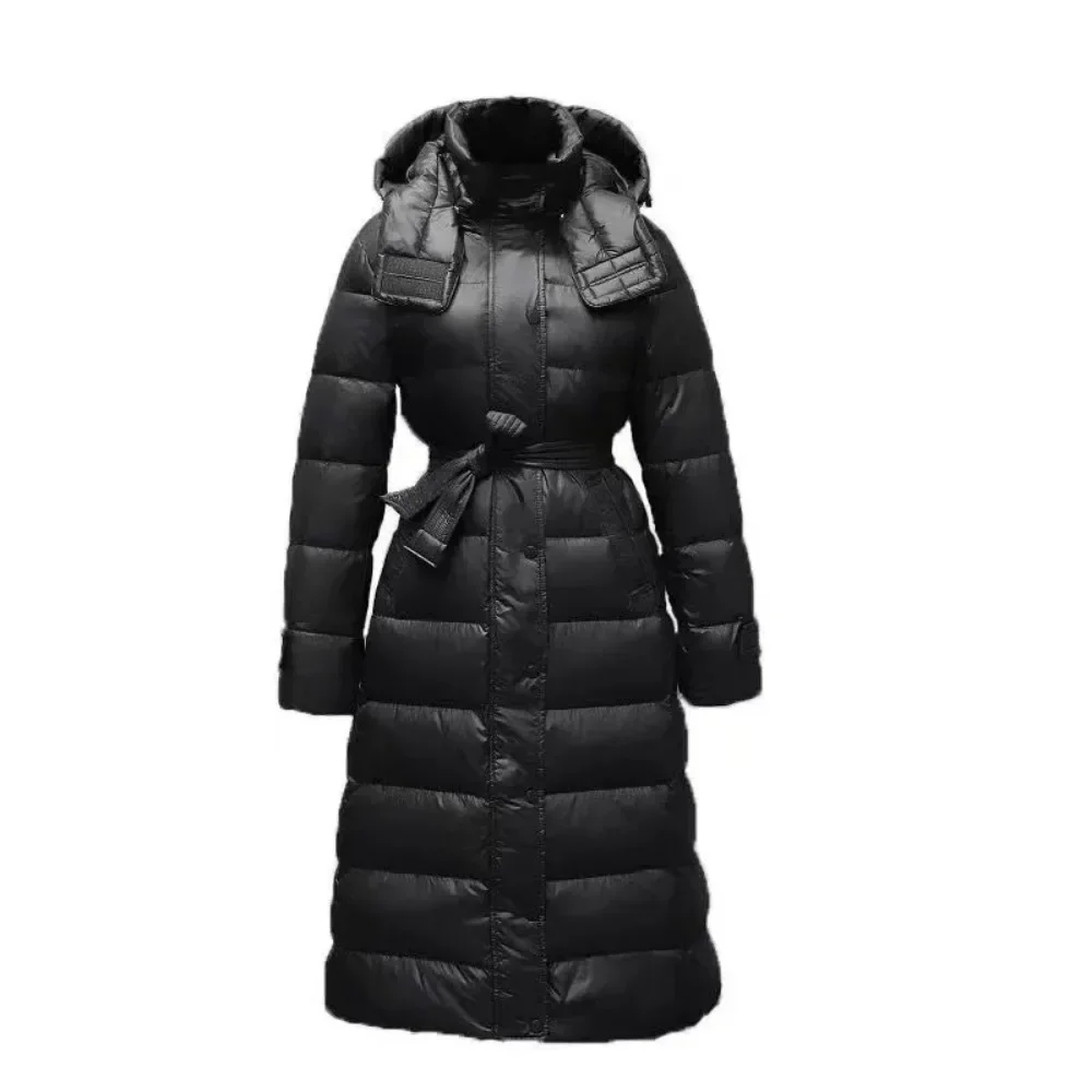 White Duck Down Jacket Women 2024 New Winter Long Hooded Warm Belt Slim Down Coat Female Korean Office Lady Casual Fashion