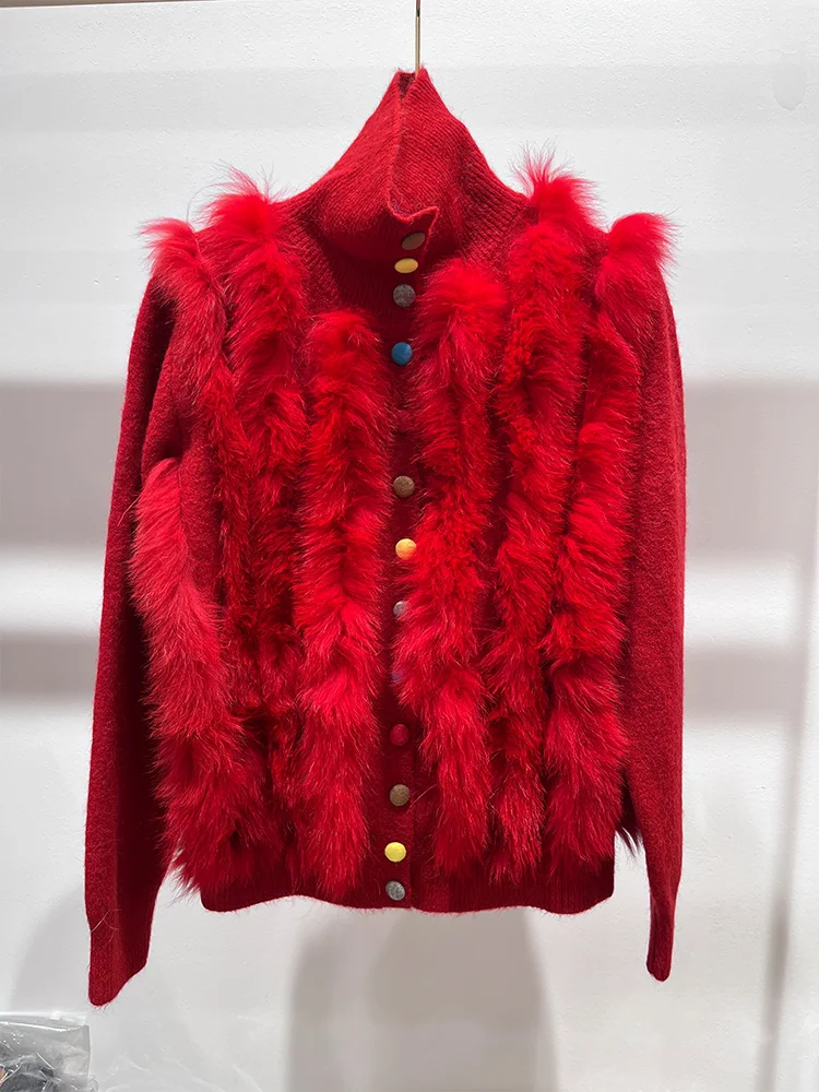 2025 جديد أزياء المرأة الخريف ريال فوكس الفراء سترة مشغولة من الصوف ملابس علوية بأكمام طويلة للربيع تصميم خاص سترة الإناث السترات الفاخرة