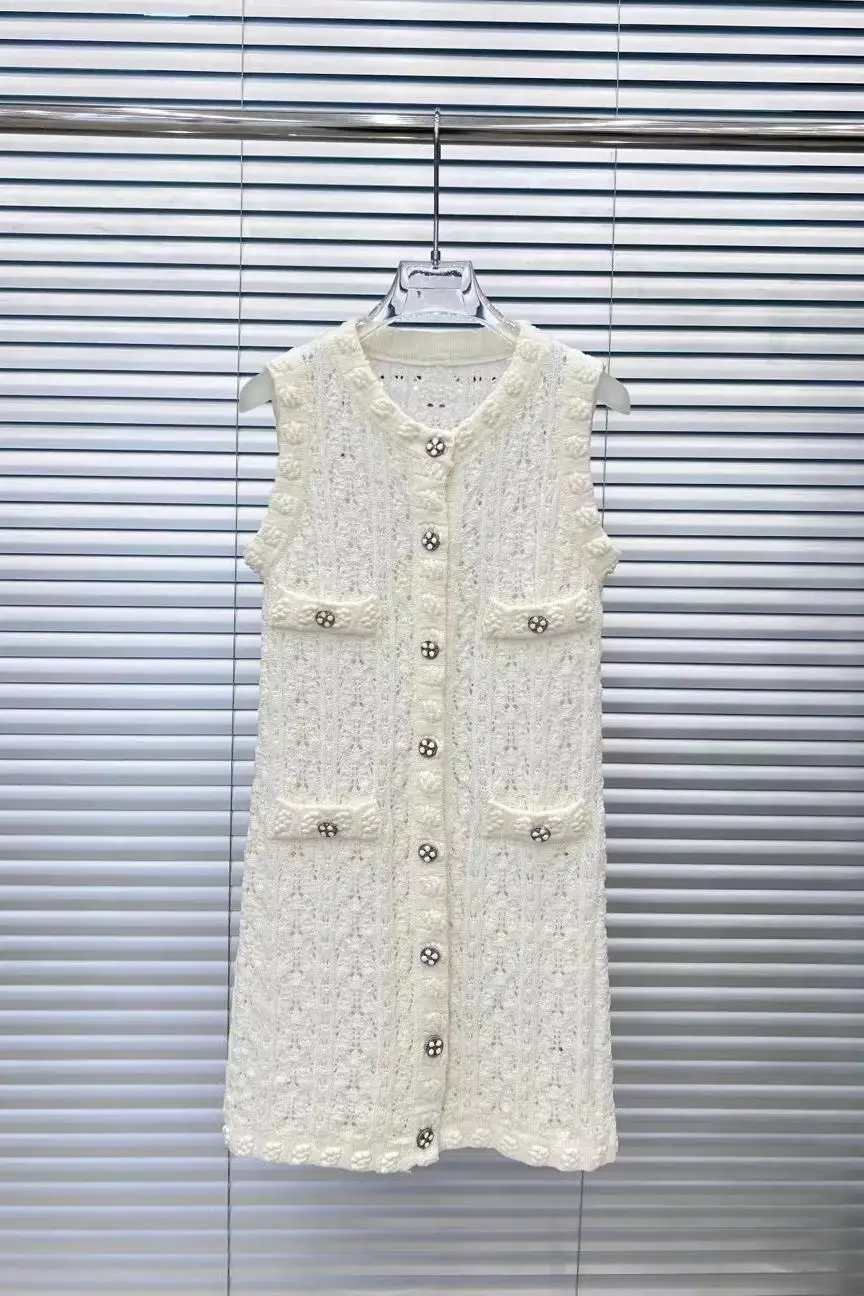 High Quality 2024 Knitted Summer Single Breasted Sleeveless Cardigan Vest Dress Women\'s Clothing 3D Jacquard Dresses F578